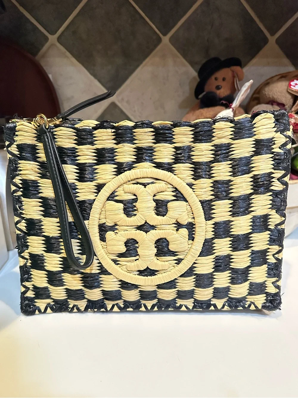 TORY BURCH NATURAL BLACK CHECK WOVEN WEAVE STRAW WICKER LOGO CLUTCH WRISTLET 11”